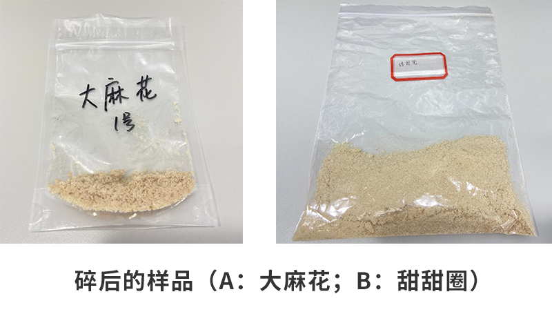 粉碎后的樣品（a：大麻花；b：甜甜圈）